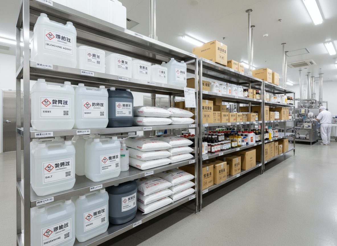 食品工場の薬品・原材料が並べられた棚