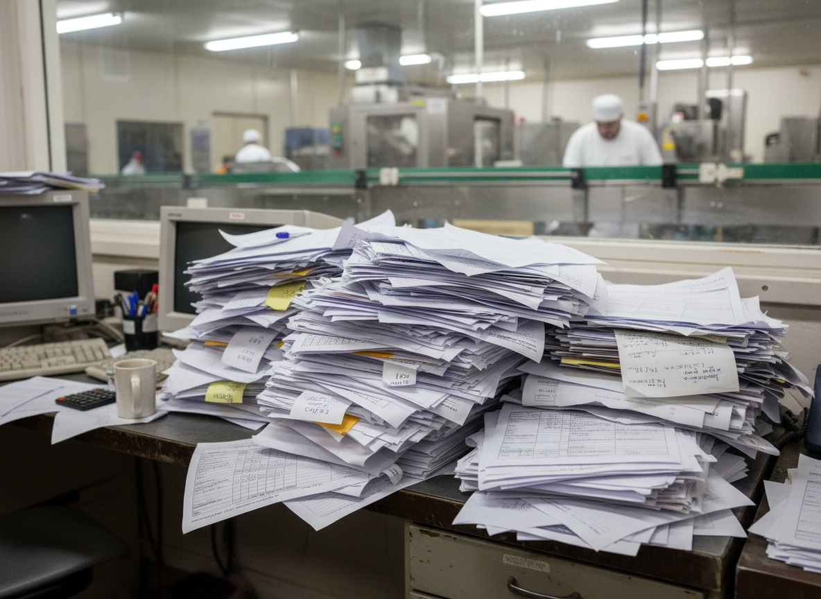食品工場の机に積まれた大量の紙帳票の山