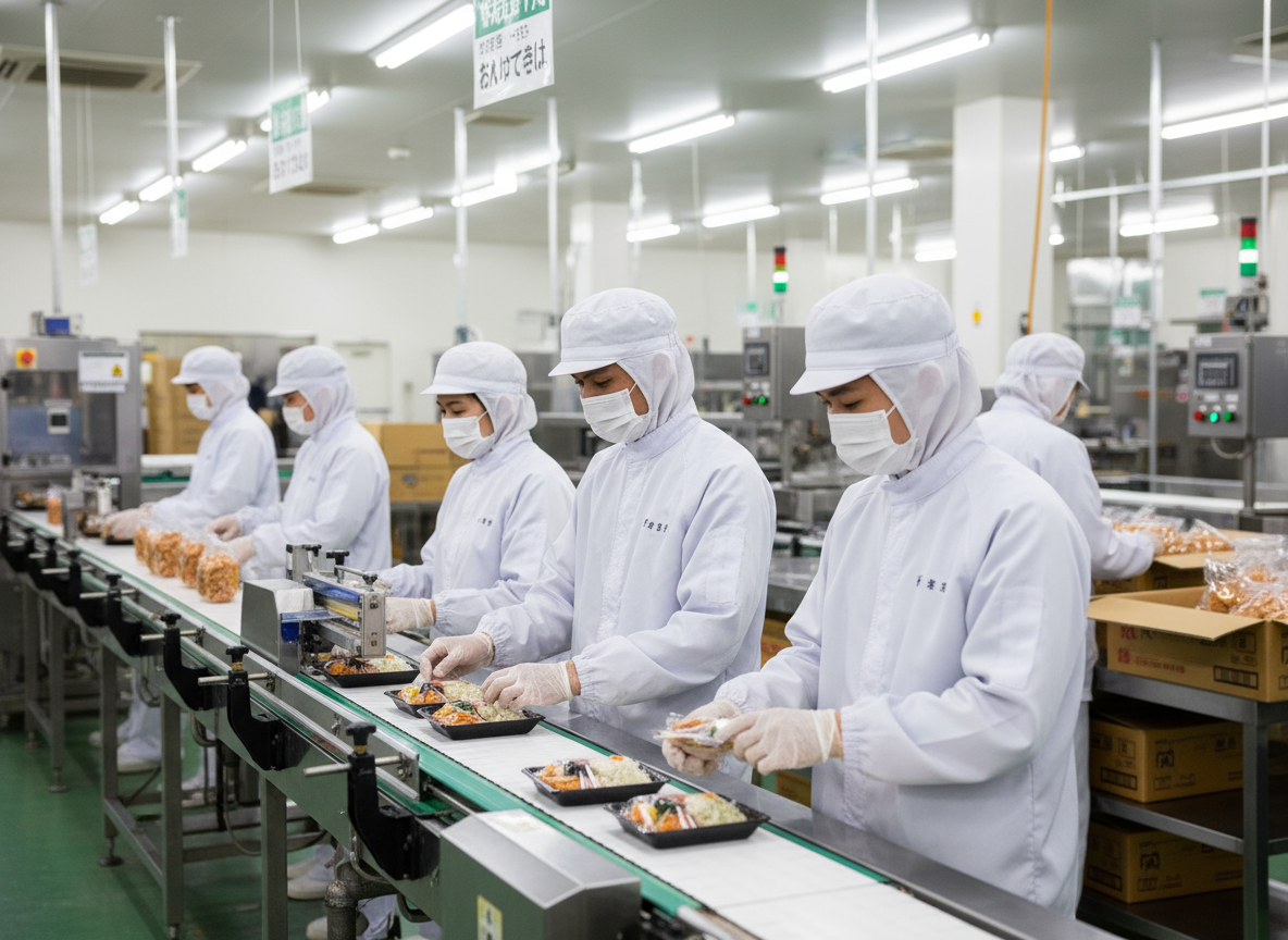 食品工場で真剣に作業する外国人実習生